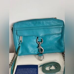 Rebecca Minkoff Mini Mac Crossbody Bag Teal Turquoise Leather Silver Hardware